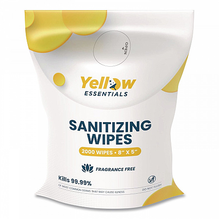 Yellow Essentials Sanitizing Wipes, 5 x 8, Unscented, White, 2,000 Wipes (YE0012000)