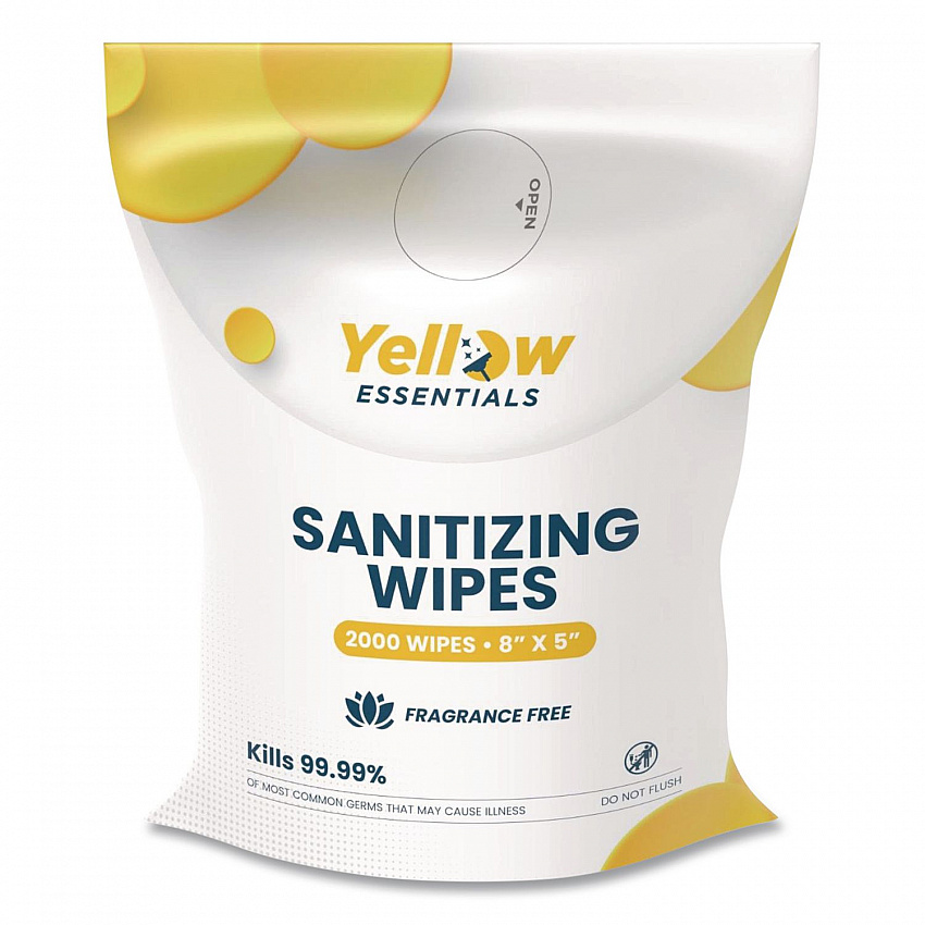 Yellow Essentials Sanitizing Wipes, 5 x 8, Unscented, White, 2,000 Wipes (YE0012000)