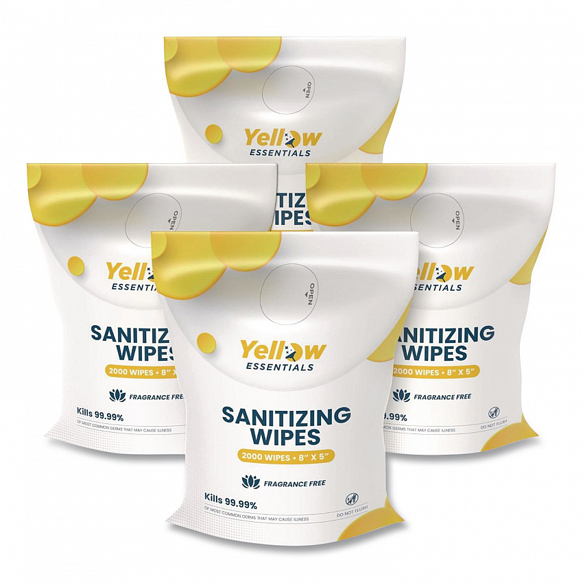 Yellow Essentials Sanitizing Wipes, 5 x 8, Unscented, White, 2,000/Refill Bag, 4 Refill Bags/Carton (YE00120004PK)