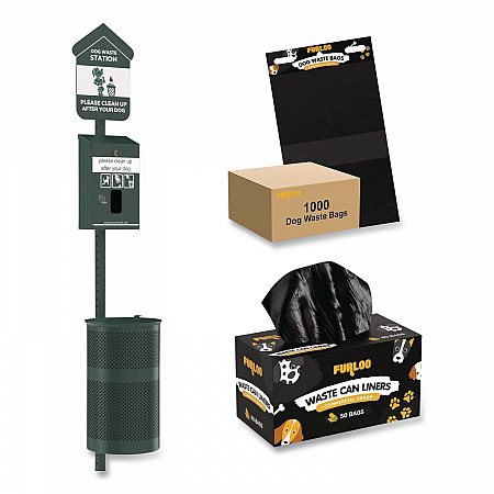 Pet Waste Station Starter Kit with Header Bag Dispenser, Bags and Liners, 11.5 gal, Top Door, Green (FLO1HSGB)