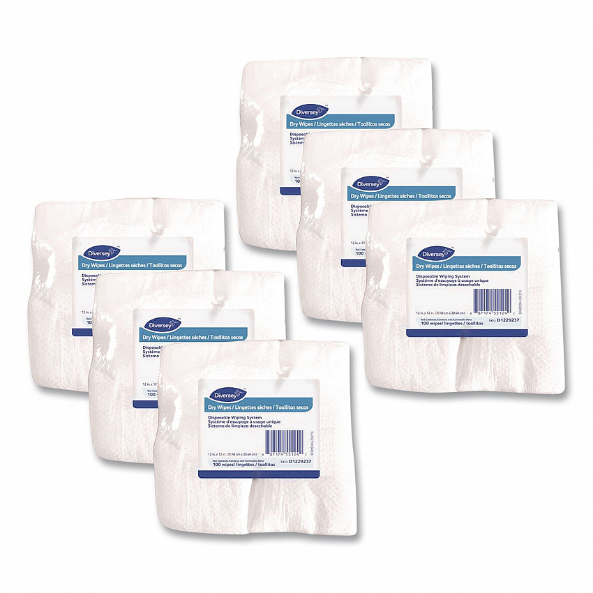 Dry Wipe Disposable Wiping System, 1-Ply, 12 x 12, Unscented, White, 100/Pack, 6 Packs/Carton (D1229237)