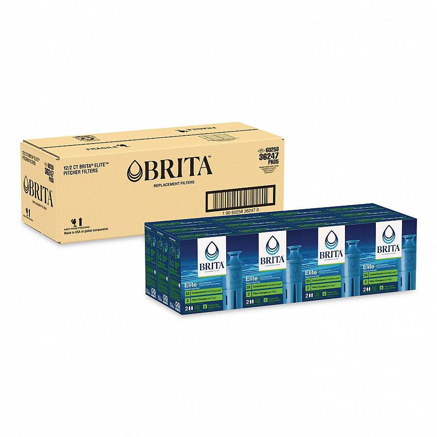 Elite Replacement Water Filters for Pitcher and Dispensers, 2 Filters/Box, 12 Boxes/Carton (36247CT)