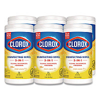 Disinfecting Wipes, Bleach Free Cleaning Wipes, 1-Ply, 7 x 7.75, Crisp Lemon, White, 75/Canister, 6 Canisters/Carton (01628)