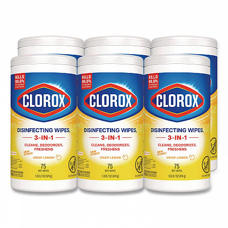 Disinfecting Wipes, Bleach Free Cleaning Wipes, 1-Ply, 7 x 7.75, Crisp Lemon, White, 75/Canister, 6 Canisters/Carton (01628)