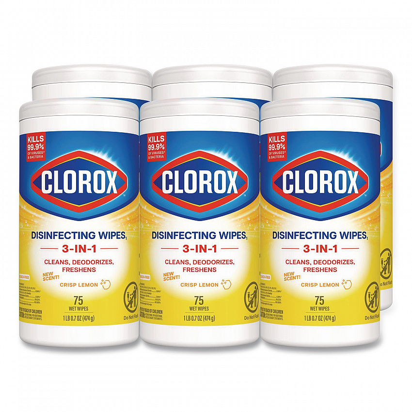 Disinfecting Wipes, Bleach Free Cleaning Wipes, 1-Ply, 7 x 7.75, Crisp Lemon, White, 75/Canister, 6 Canisters/Carton (01628)