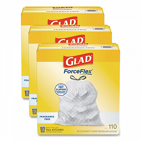 ForceFlex Kitchen Drawstring Trash Bags, Drawstring, 13 gal, Unscented, 23.47 x 25.38, White, 110 Bags/Box, 3 Boxes/Carton (22541CT)