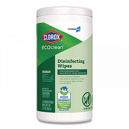 CloroxPro EcoClean Disinfecting Wipes, 1-Ply, 8 x 7, Unscented, White, 75 Count (60605EA)