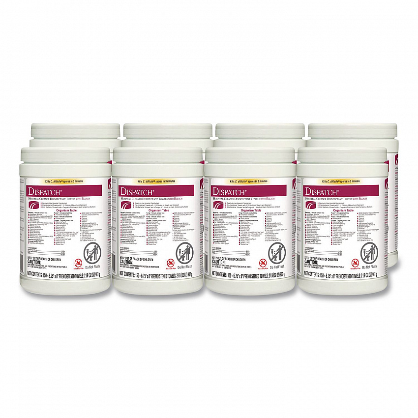 Dispatch Hospital Cleaner Disinfectant Towels w/Bleach, 1-Ply, 6.75 x 8, Unscented, White, 150/Canister, 8 Canisters/Carton (69150)
