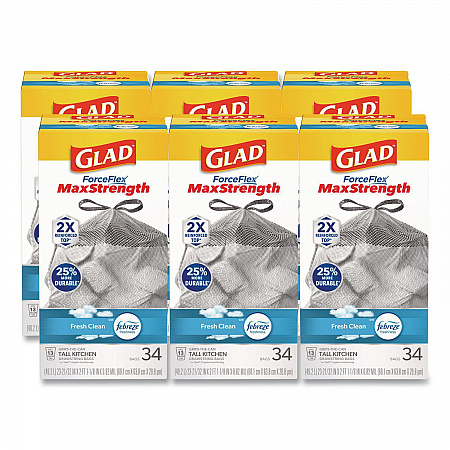 ForceFlex MaxStrength Tall Kitchen Drawstring Trash Bags, 13 gal, Fresh Clean Scent, 24 x 28, White, 34/Box, 6 Boxes/Carton (70320)