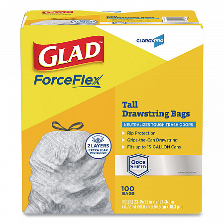 CloroxPro ForceFlex Tall Kitchen Drawstring Trash Bags, 13 gal, 23.75 x 24.88, Gray, 100/Box (70427)
