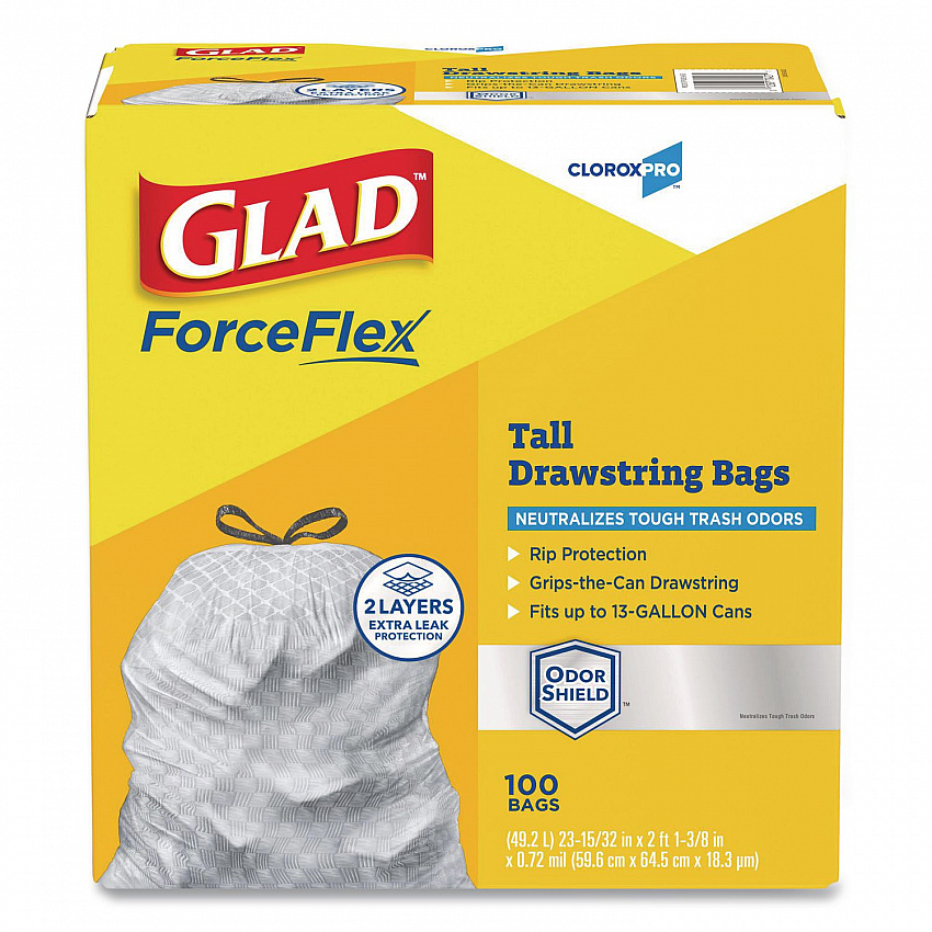 CloroxPro ForceFlex Tall Kitchen Drawstring Trash Bags, 13 gal, 23.75 x 24.88, Gray, 100/Box (70427)