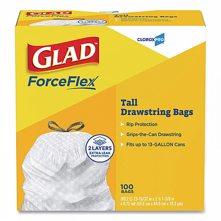 CloroxPro ForceFlex Tall Kitchen Drawstring Trash Bags, 13 gal, 24 x 27.38, Gray, 100/Box (78526)