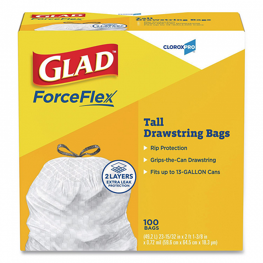 CloroxPro ForceFlex Tall Kitchen Drawstring Trash Bags, 13 gal, 24 x 27.38, Gray, 100/Box (78526)