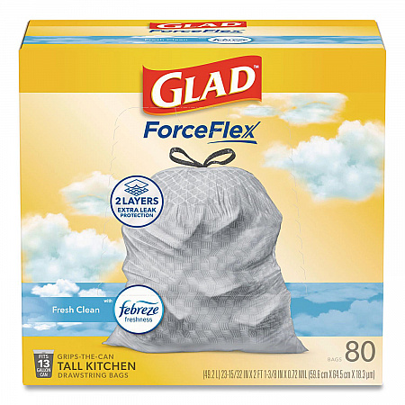 ForceFlex Kitchen Drawstring Trash Bags, 13 gal, Fresh Clean with Febreze Freshness, 24 x 27.38, White, 80/Box (78899BX)