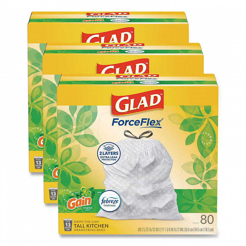 ForceFlex Kitchen Drawstring Trash Bags, 13 gal, Gain Original Scent, 24" x 27.38", White, 80 Bags/Box, 3 Boxes/Carton (78900)