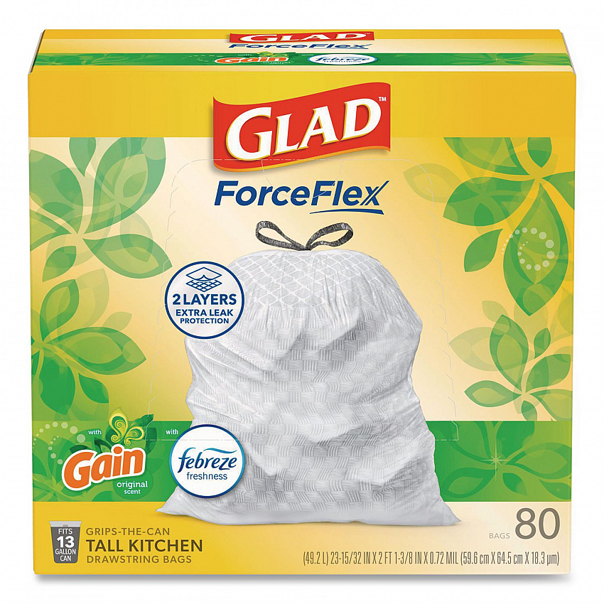 ForceFlex Kitchen Drawstring Trash Bags, 13 gal, Gain Original Scent, 24 x 27.38, White, 80/Box (78900BX)