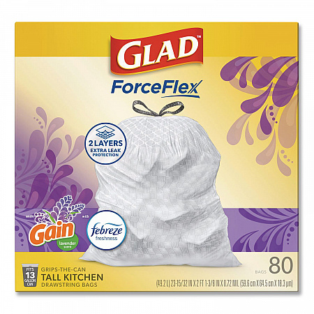 ForceFlex Kitchen Drawstring Trash Bags, 13 gal, Gain Lavender with Febreze Freshness, 24 x 27.38, White, 80/Box (78902BX)