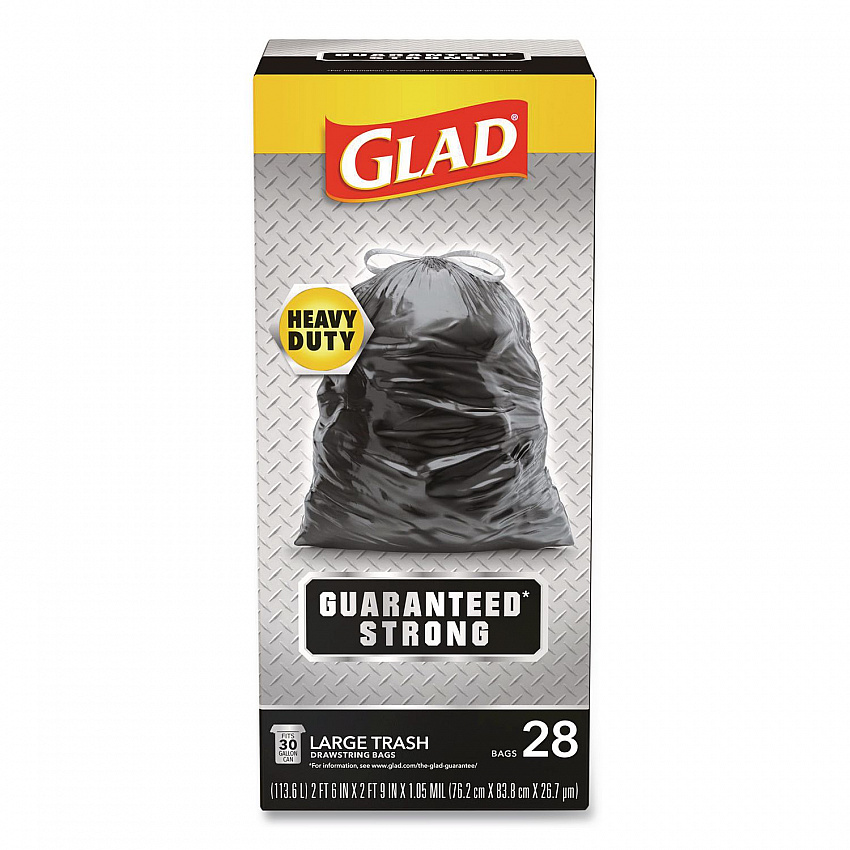 Guaranteed Strong Large Drawstring Trash Bags, Three-Ply, 30 gal, 1.05 mil, 30 x 33, Black, 28/Box (78966BX)