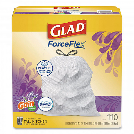 ForceFlex Tall Kitchen Drawstring Trash Bags, 13 gal, Gain Lavender with Febreze Freshness, 10.18 x 9.81, White, 110/Box (79157)