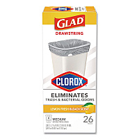 Medium Drawstring Trash Bags with Clorox, 8 gal, Lemon Fresh Bleach Scent, 0.74 mil, 23" x 21.63", Gray, 26/Box (79316)