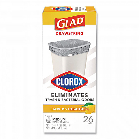 Medium Drawstring Trash Bags with Clorox, 8 gal, Lemon Fresh Bleach Scent, 0.74 mil, 23