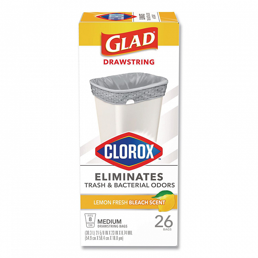 Medium Drawstring Trash Bags with Clorox, 8 gal, Lemon Fresh Bleach Scent, 0.74 mil, 23" x 21.63", Gray, 26/Box (79316)