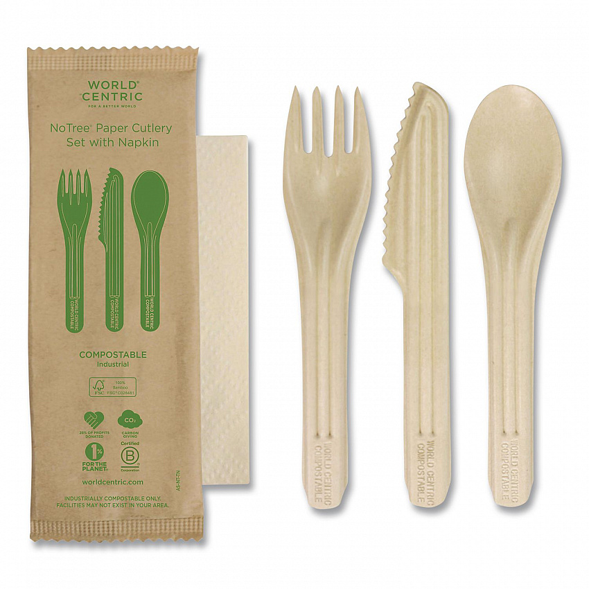 NoTree Cutlery, Light Mediumweight, Fork/Knife/Spoon/Napkin, Paper, Natural, 250/Carton (ASNTTN)