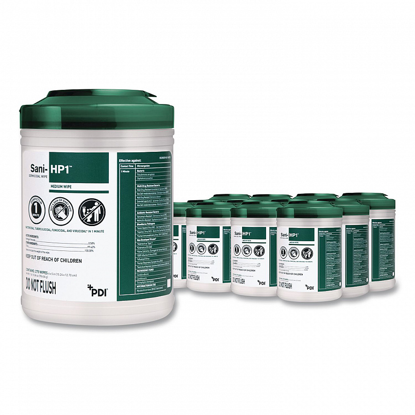 Sani-HP1 Germicidal Wipes, 5 x 6, Unscented, White, 275 Wipes/Canister, 12 Canisters/Carton (P62572PK)