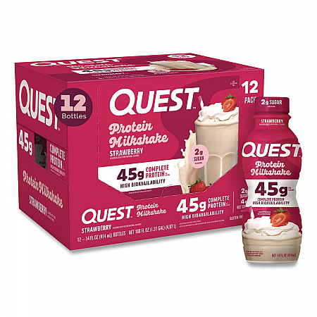 Protein Milkshakes, Strawberry, 14 oz Bottle, 12/Carton (QUN01606)
