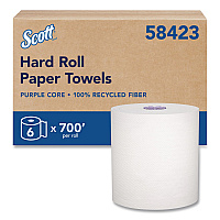 100% Recycled Hard Roll Paper Towels, 1-Ply, 8" x 700 ft, White, 6/Carton (58423CT)