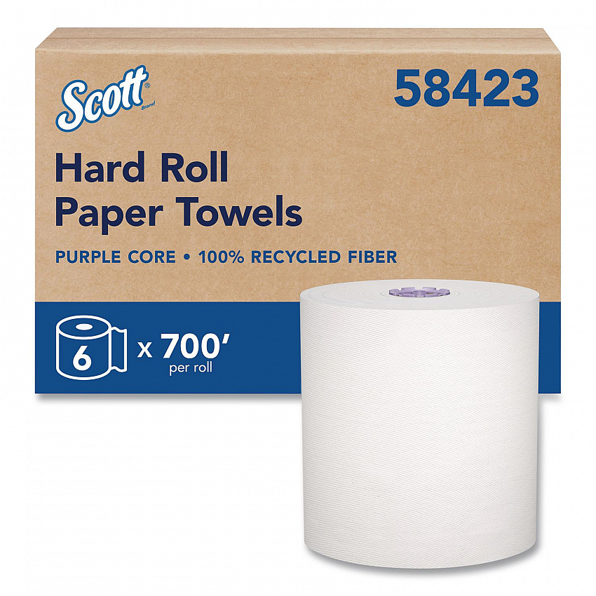 100% Recycled Hard Roll Paper Towels, 1-Ply, 8" x 700 ft, White, 6/Carton (58423CT)