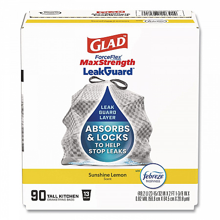 ForceFlex MaxStrength Tall Kitchen Drawstring Trash Bags, 13 gal, Lemon Sunshine Scent, 23.47 x 25.38, Gray, 90/Carton (22641CT)