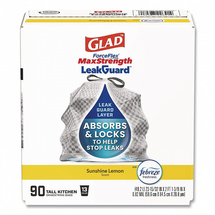 ForceFlex MaxStrength Tall Kitchen Drawstring Trash Bags, 13 gal, Lemon Sunshine Scent, 23.47 x 25.38, Gray, 90/Carton (22641CT)
