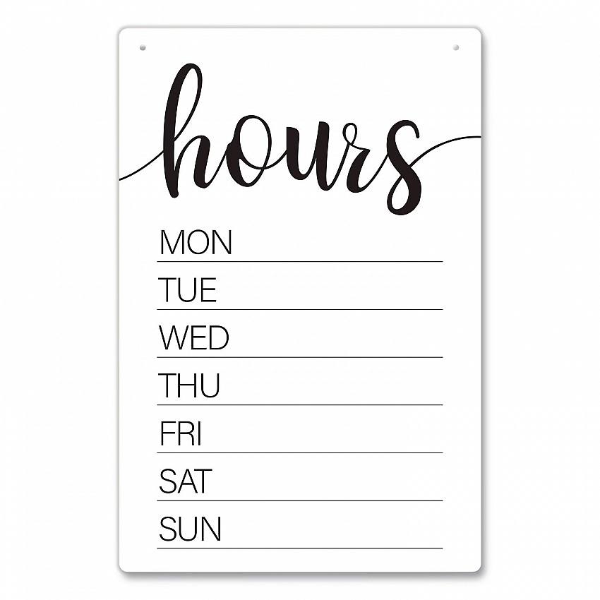 Dry Erase Business Hours Spa Style Sign, White 8 x 12 Surface (098644)