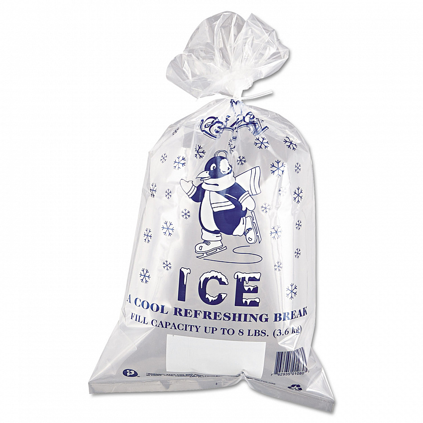 Ice Bags with Twist-Ties, Ice: Penguin Icon Labeling, 8 lb Capacity, 11" x 20", Clear, 1,000/Carton (IC1120)