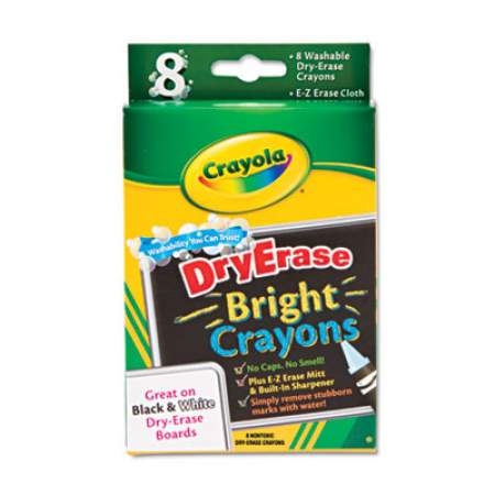 Crayola Washable Dry Erase Crayons w/E-Z Erase Cloth, Assorted Bright Colors, 8/Pack (985202)