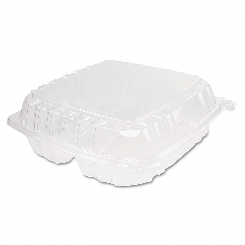 ClearSeal Hinged-Lid Plastic Containers, 3 Compartments, 9.4 x 8.9 x 3, Plastic, 100/Bag, 2 Bags/Carton (C95PST3)