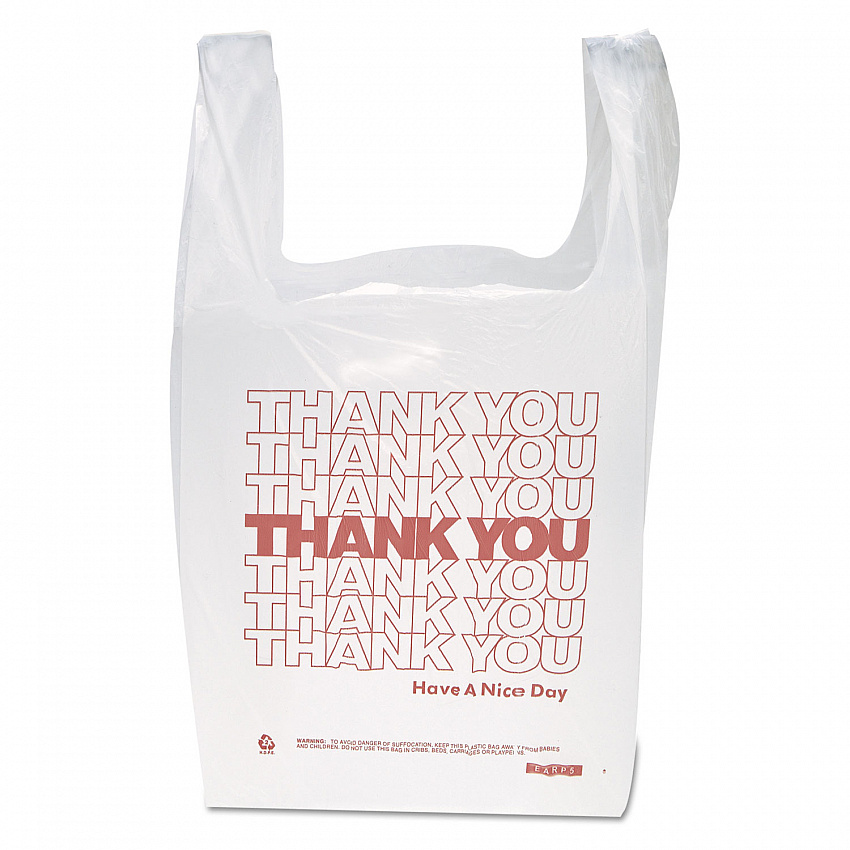 "Thank You" Handled T-Shirt Bag, Have a Nice Day Labeling, Cut-Out Handles, 11.5" x 6.5" x 21", White/Red, 900/Carton (THW1VAL)