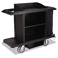 Housekeeping Cart, Plastic, 3 Shelves, 2 Bins, 22" x 60" x 50", Black (FG618900BLA)