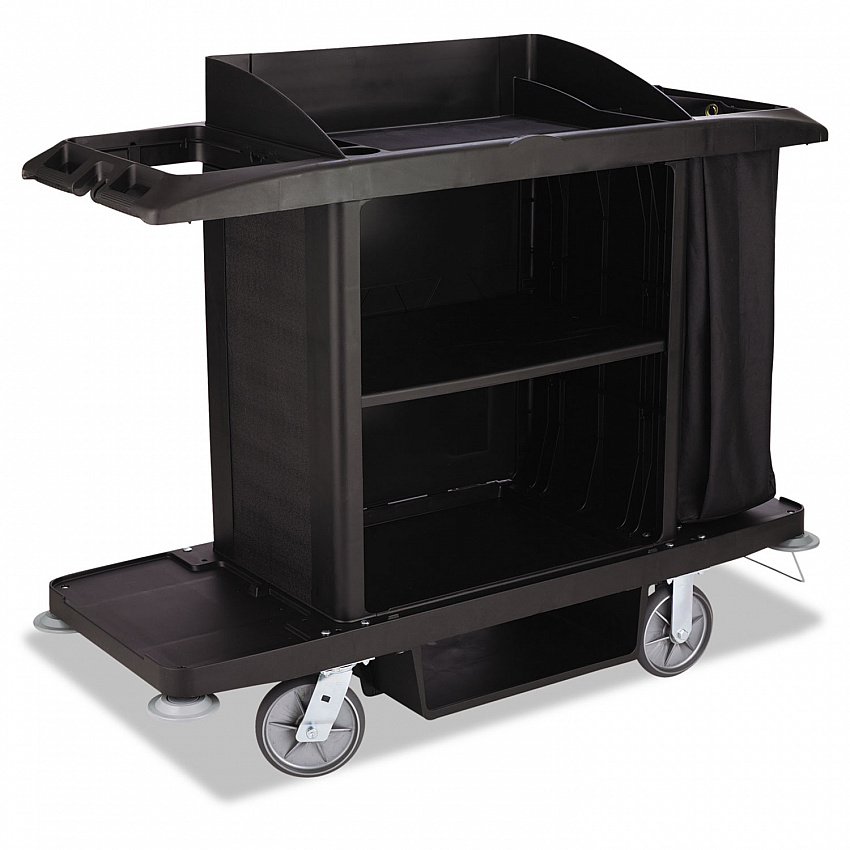 Housekeeping Cart, Plastic, 3 Shelves, 2 Bins, 22" x 60" x 50", Black (FG618900BLA)