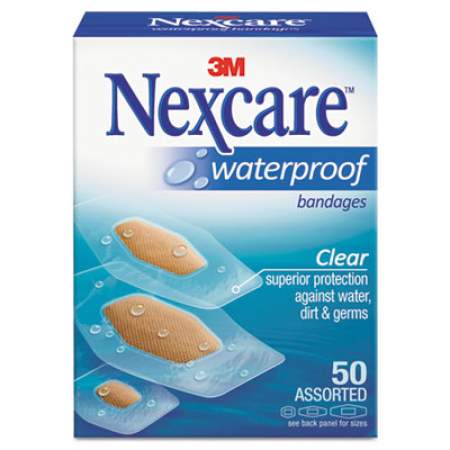 3M Nexcare Waterproof, Clear Bandages, Assorted Sizes, 50/Box (43250)