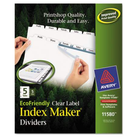 Avery Index Maker EcoFriendly Print and Apply Clear Label Dividers with White Tabs, 5-Tab, 11 x 8.5, White, 5 Sets (11580)