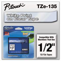Brother P-Touch TZe Standard Adhesive Laminated Labeling Tape, 0.47" x 26.2 ft, White on Clear (TZE135)
