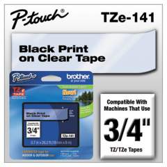 Brother P-Touch TZe Standard Adhesive Laminated Labeling Tape, 0.7" x 26.2 ft, Black on Clear (TZE141)