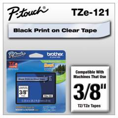 Brother P-Touch TZe Standard Adhesive Laminated Labeling Tape, 0.35" x 26.2 ft, Black on Clear (TZE121)