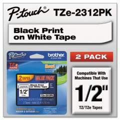 Brother P-Touch TZe Standard Adhesive Laminated Labeling Tapes, 0.47" x 26.2 ft, Black on White, 2/Pack (TZE2312PK)