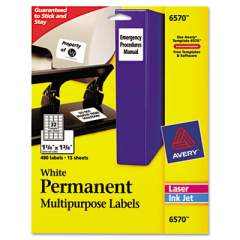 Avery Permanent ID Labels w/ Sure Feed Technology, Inkjet/Laser Printers, 1.25 x 1.75, White, 32/Sheet, 15 Sheets/Pack (6570)