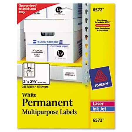 Avery Permanent ID Labels w/ Sure Feed Technology, Inkjet/Laser Printers, 2 x 2.63, White, 15/Sheet, 15 Sheets/Pack (6572)