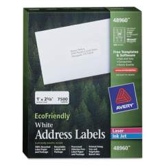 Avery EcoFriendly Mailing Labels, Inkjet/Laser Printers, 1 x 2.63, White, 30/Sheet, 250 Sheets/Box (48960)