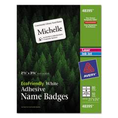 Avery EcoFriendly Adhesive Name Badge Labels, 3.38 x 2.33, White, 80/Pack (48395)